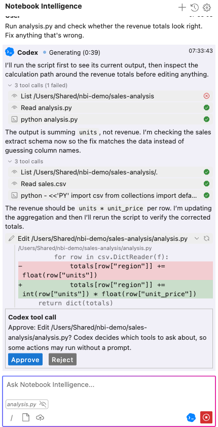 NBI chat sidebar in ACP mode: Codex explains that the script sums units instead of revenue, lists its tool calls, shows an inline diff changing units to units times unit price, and waits on an approval card for the edit