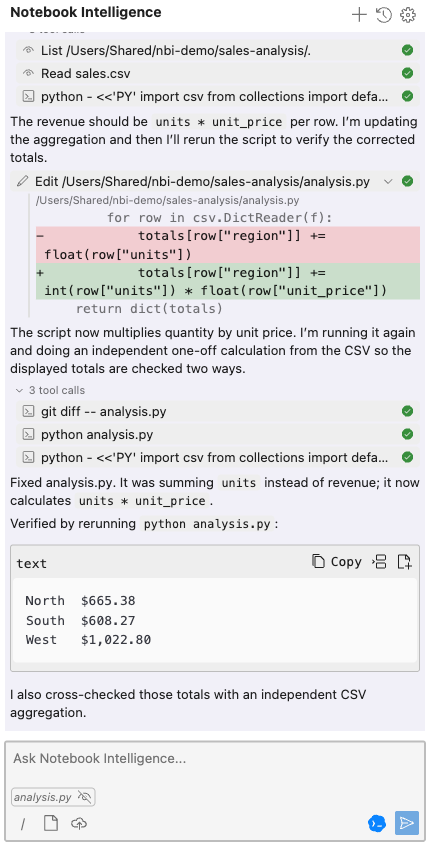 The finished turn in the NBI chat sidebar: the approved edit marked complete, the verification commands completed, and Codex confirming the fix with corrected totals of 665.38 for North, 608.27 for South, and 1,022.80 for West
