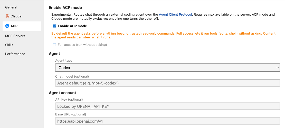 The ACP tab in NBI Settings with ACP mode enabled, the full access option unavailable, Codex selected as the agent type, an optional chat model, and an API key field locked by the OPENAI_API_KEY environment variable