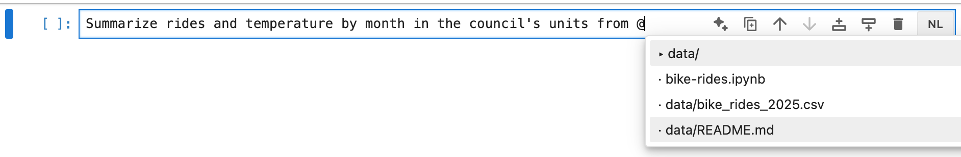 A prompt cell reading "Summarize rides and temperature by month in the council's units from @" with the mention menu open, listing the data folder, the notebook, the CSV, and data/README.md