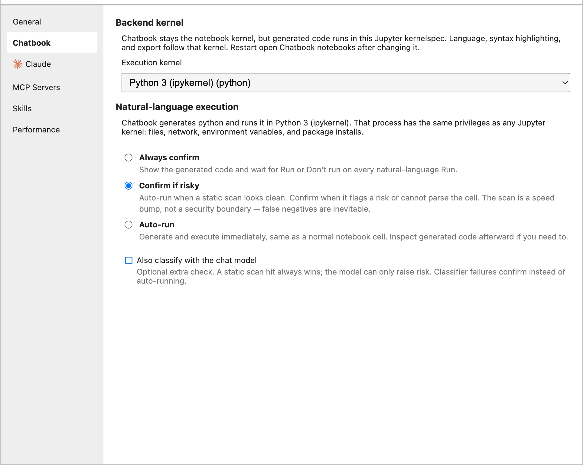 The Chatbook tab of NBI Settings: an Execution kernel dropdown set to Python 3 (ipykernel), and three execution modes, Always confirm, Confirm if risky (selected), and Auto-run, plus an optional checkbox to also classify with the chat model